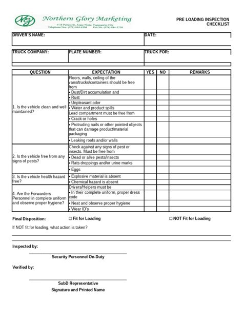 checklist for loading unloading trucks
