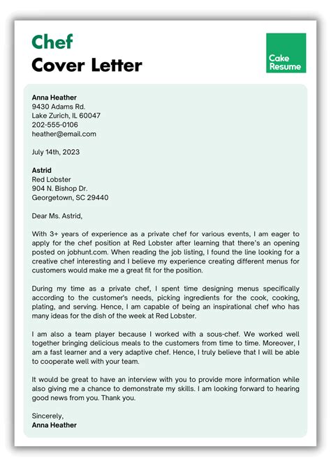 Chef Cover Letter Examples