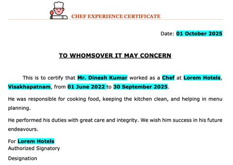 Chef Experience Certificate Format