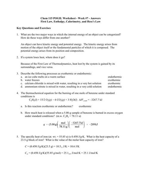 Chem 115 Pogil Worksheet Week 8 Answers Thermochemistry Thermochemistry Worksheet With Answers - Thermochemistry Worksheet With Answers