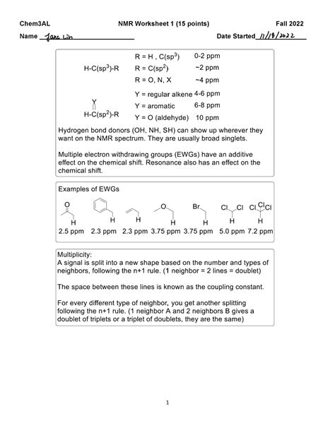 Chem3al Nmr Worksheet 1 Fall 2022 Dr Roy Chem 3al Nmr Worksheet Answers - Chem 3al Nmr Worksheet Answers