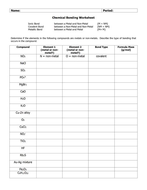 Chemical Bonding Worksheet Answers Bonding Types Worksheet Answers - Bonding Types Worksheet Answers