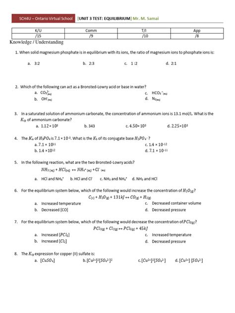 Chemical Equilibrium Unit Test