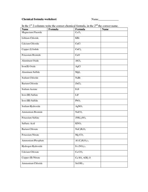 Chemical Formula Sheet Chemical Formula Worksheet Answers - Chemical Formula Worksheet Answers
