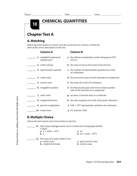 Chemical Quantities Chapter 10 Test Answer Key