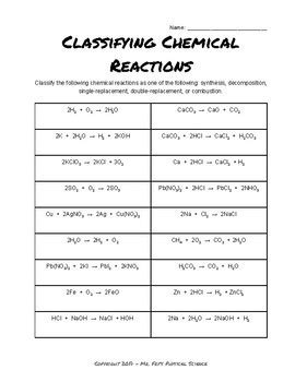 chemical reaction practice classifying reactions and
