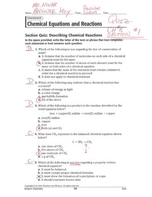 Chemical Reactions Chapter Test Answer Key