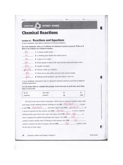 Chemical Reactions Study Guide Answer