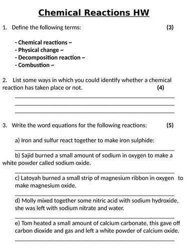 Chemical Reactions Worksheet Ks3 Chemistry Science Resource Twinkl Chemistry Reactions Worksheet - Chemistry Reactions Worksheet