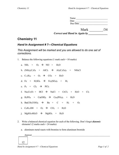 Read Chemical Equations Hand In Assignment 1 Answers 