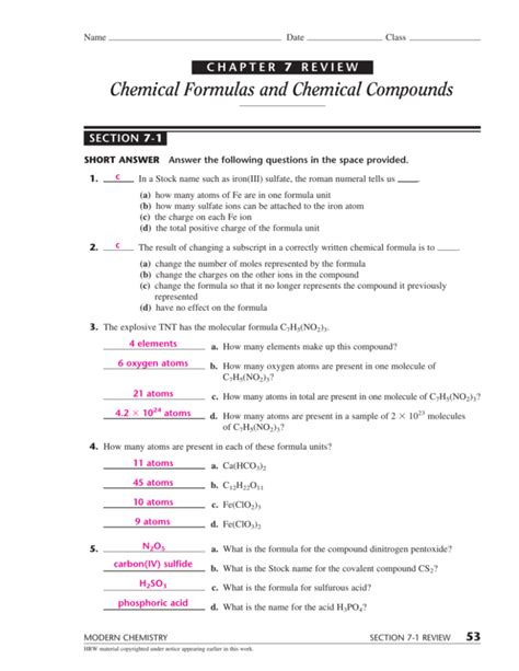 Download Chemical Formulas And Compounds Chapter 7 Review Section 1 