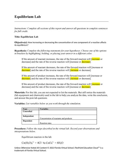 Chemistry 12 Equilibrium Lab Report Answers