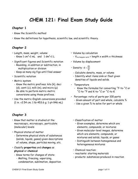 Chemistry 121 Final Exam Study Guide