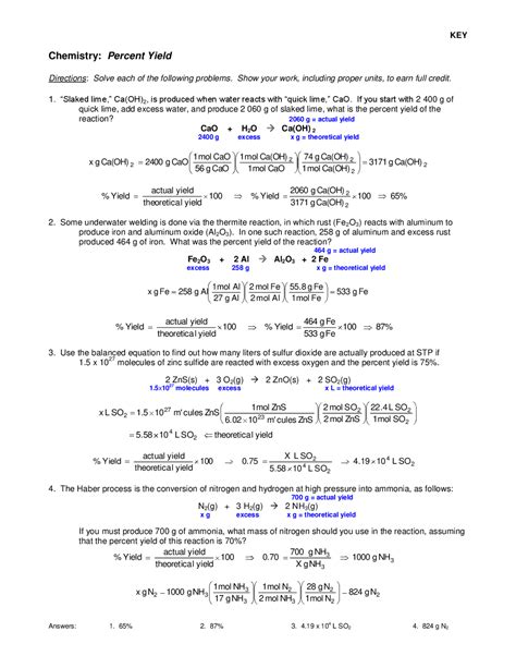 chemistry answer key for percent yield stoichiometry