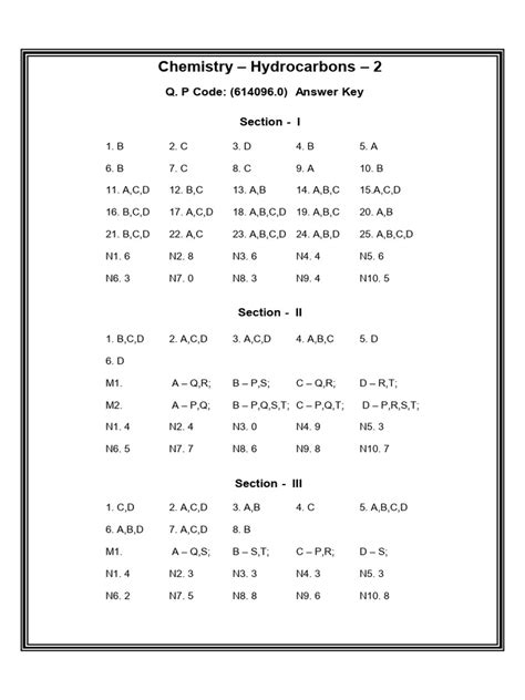 Chemistry Answer Sheet Hydrocarbons