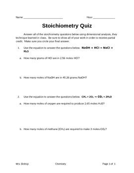 Chemistry Chapter 12 Stoichiometry Quiz