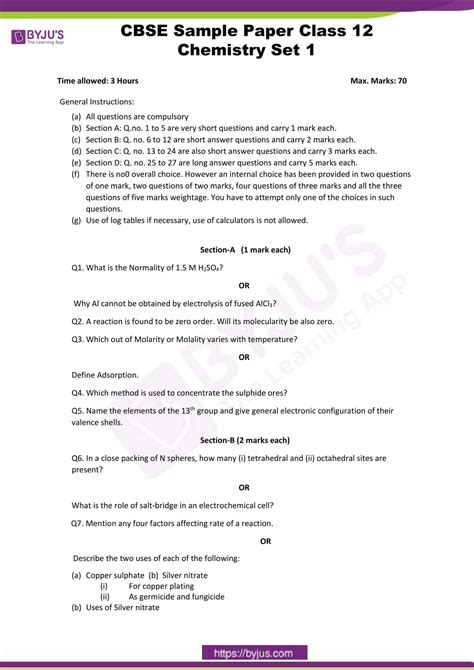 Chemistry Class 12 Sample Paper 2021