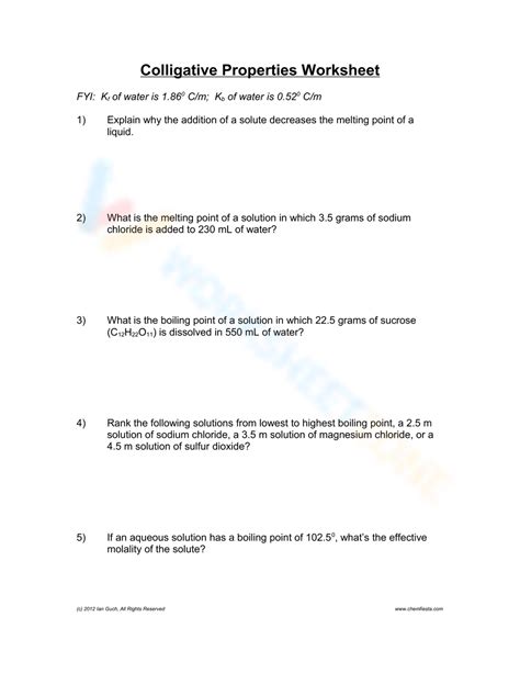 chemistry colligative properties worksheet colligative properties