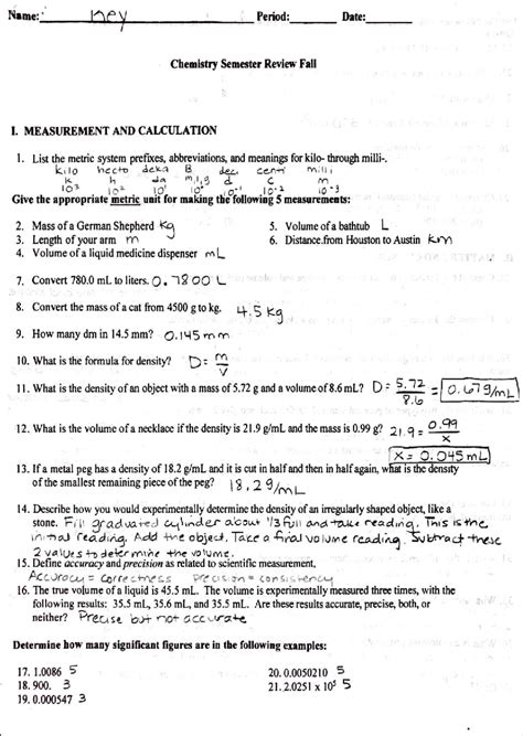 Chemistry Fall Semester Review Answer Key