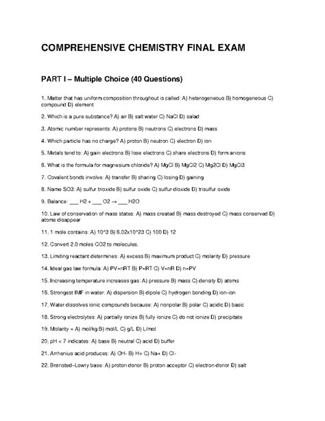 chemistry final exam multiple choice 100 questions