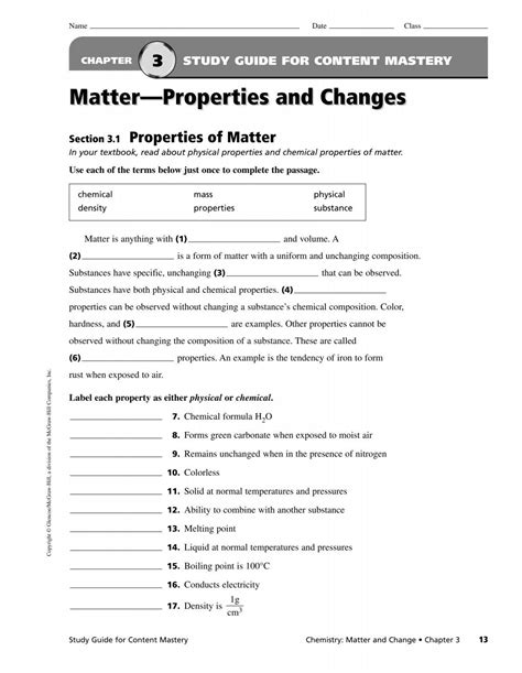 Chemistry Matter Change Chapter 3 Study Guide Answer Key
