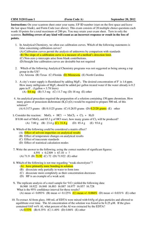 Chemistry Midterm Review Answer Key