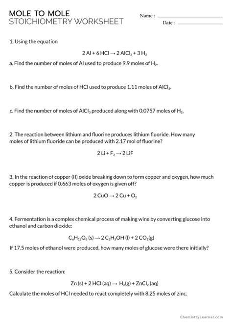 chemistry mole and equations test answer key