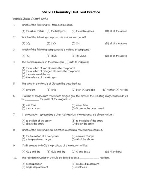 Chemistry Multiple Choice Test Questions And Answers