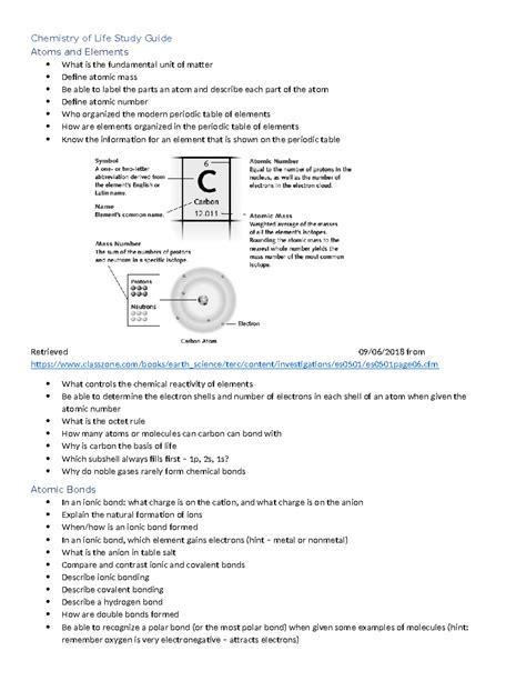 chemistry of life study guide answer key
