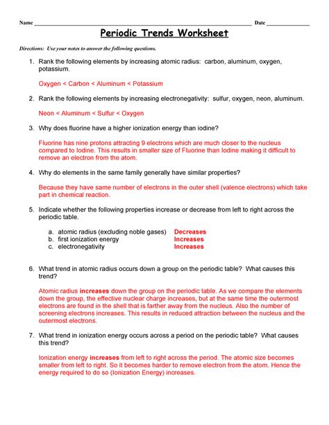 chemistry periodic table trends answer key