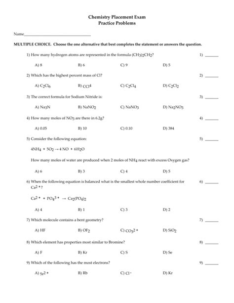 Chemistry Placement Exam Practice Problems