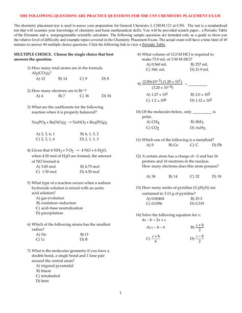 Chemistry Placement Test Sample Csun