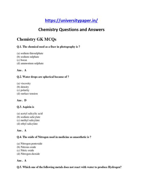 Chemistry Question And Answer Theory Objectives