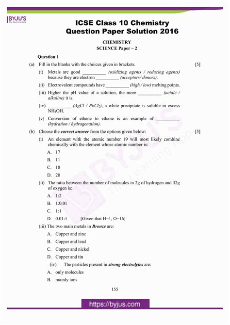 chemistry questions and answers for class 10