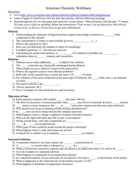 Chemistry Solutions Webquest Answer Key