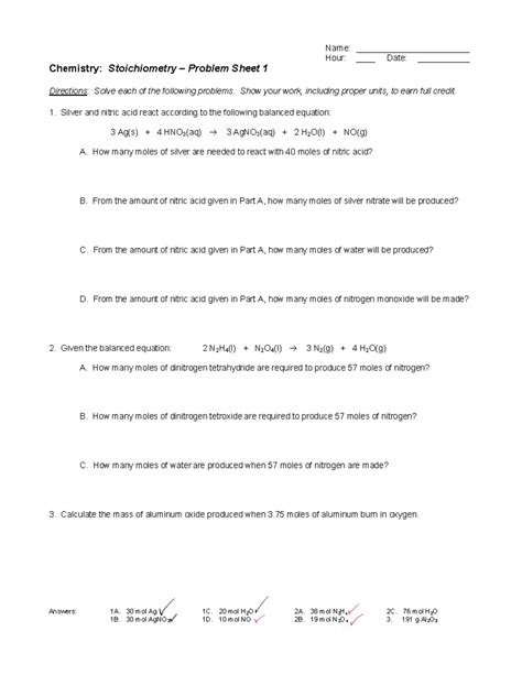 Chemistry Stoichiometry Problem Sheet 1