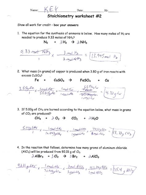 Chemistry Stoichiometry Problem Sheet 2 Answer Key