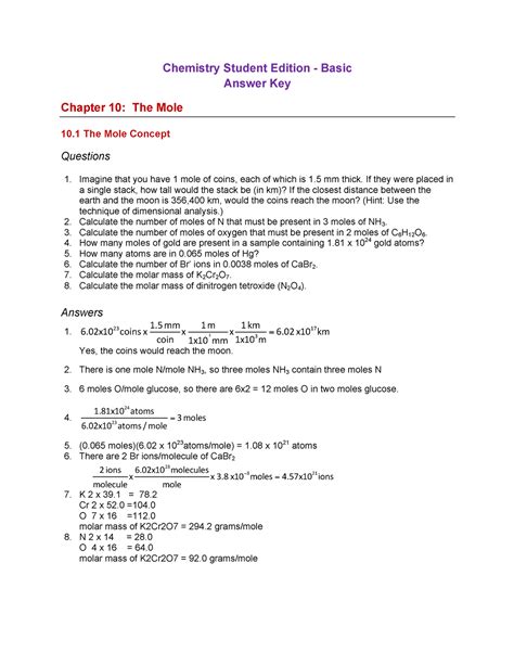 Chemistry Student Edition Basic Answer Key Chapter 10 The Mole Worksheet Chemistry Answers - The Mole Worksheet Chemistry Answers