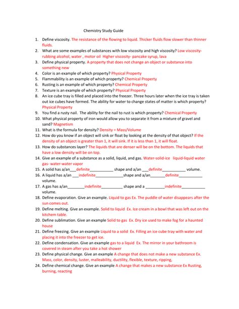 chemistry study guide answers