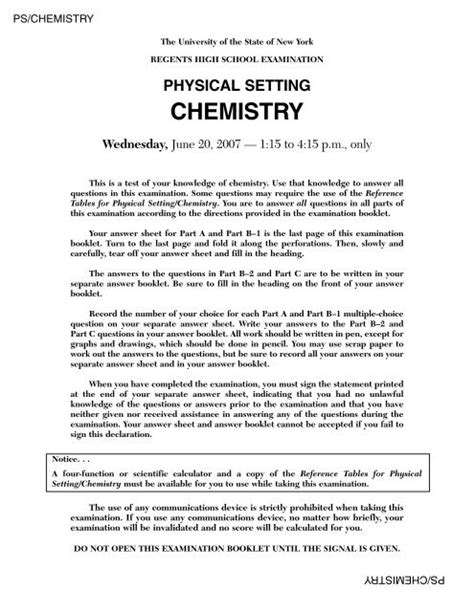 chemistry the physical setting answer key