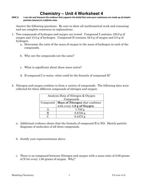 Chemistry Unit 2 Worksheet 1
