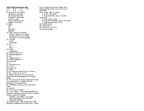 Chemistry Unit 3 Review Answer Key
