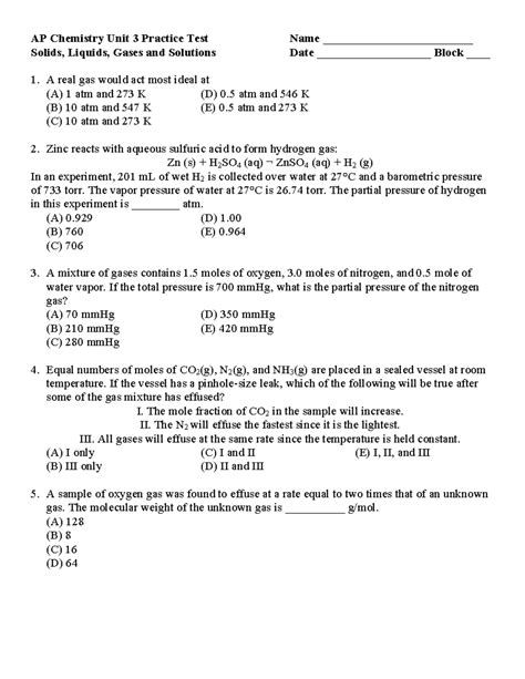 Chemistry Unit 3 Test Answer Key