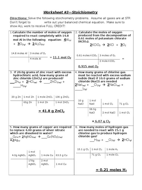 Chemistry Unit 5 Stoichiometry Practice Problems I