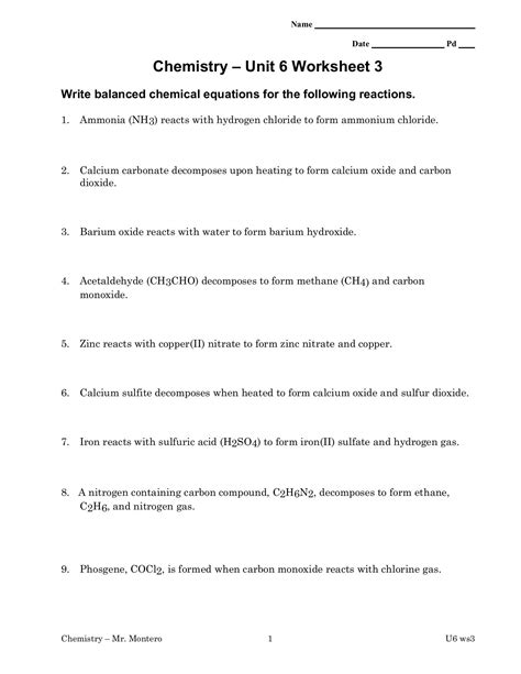 Chemistry Unit 6 Test Answer Key