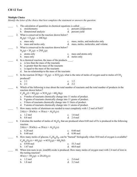 Read Chemistry Chapter 12 Stoichiometry Test 