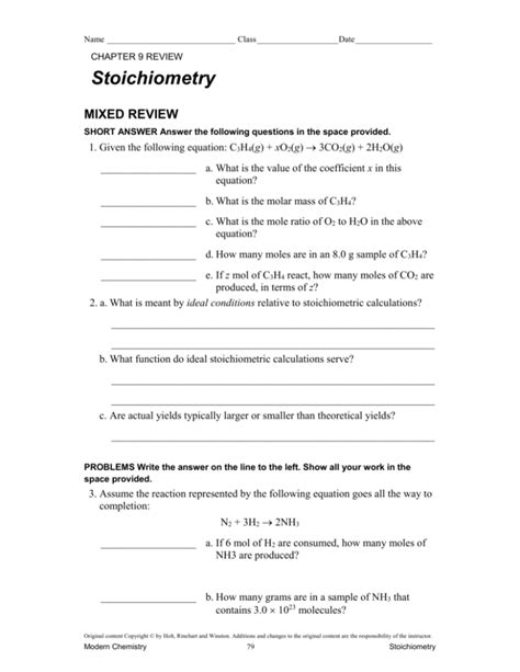 Full Download Chemistry Chapter 9 Review Stoichiometry 