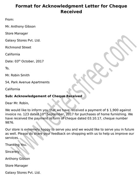 cheque returned acknowledgement letter sample