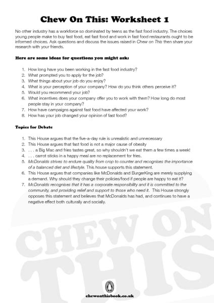 Chew On This Worksheets 1 5 Lesson Planet Chew On This Worksheet Answers - Chew On This Worksheet Answers