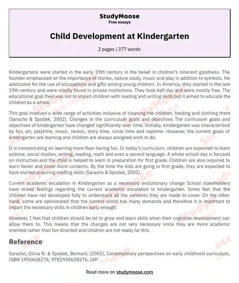 Child Development At Kindergarten Free Essay Example Studymoose Kindergarten Essays - Kindergarten Essays